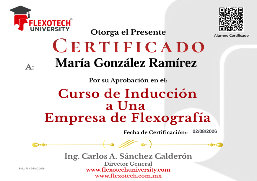 Certificado verificable de Flexotech University con código QR